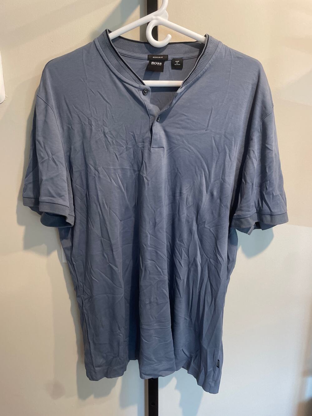 HUGO BOSS Short Sleeve Henley Shirt Polo Shirt XL Regular Baseball Collar Blue